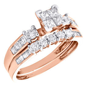 10k Rose Gold Quad Princess Diamond Engagement + Wedding Ring Bridal Set 0.87 Ct