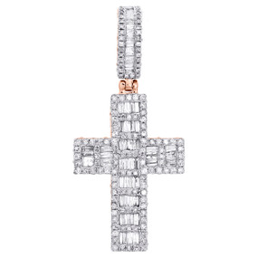 10K Rose Gold Round & Baguette Diamond Cluster Cross Pendant 1.75" Charm 1.63 CT