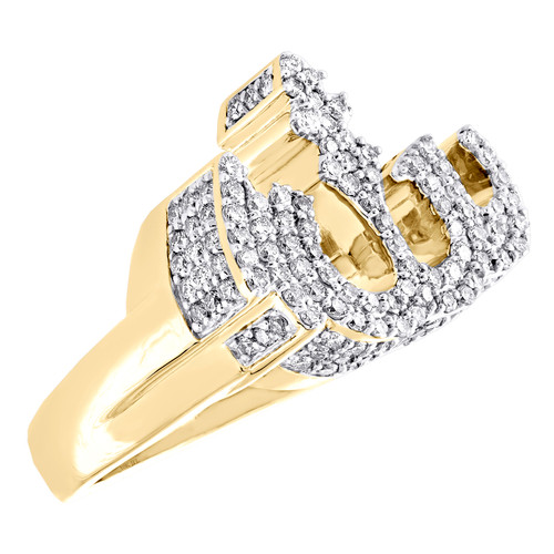 10K Yellow Gold Mens Diamond 3D Allah Pinky Ring Islamic Arabic