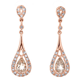 10K Rose Gold Diamond & Pear Shape Morganite Gemstone Dangle Earrings 1.05 TCW.