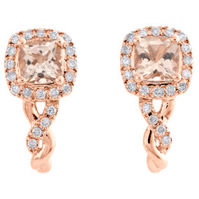 10K Rose Gold Diamond & Cushion Shape Morganite Gemstone Stud Earrings 1 TCW.