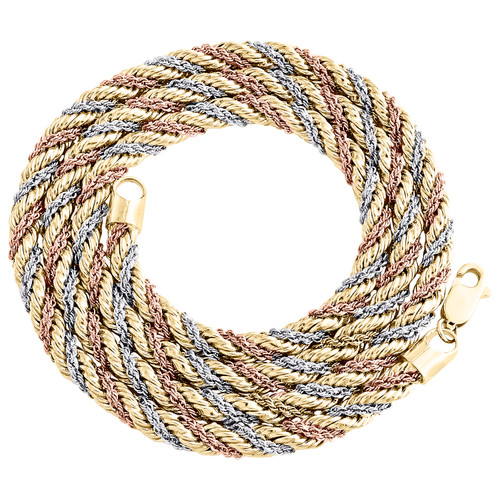 10K Tri Color Gold Unisex Braided Twisted 4.5mm Rope Chain Fancy