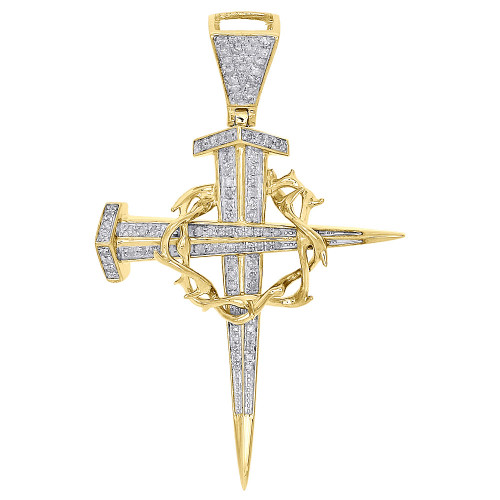 10K Yellow Gold Dagger Nail Diamond Cross Pendant Crown of Thorns