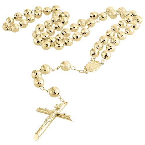 アクセサリー Maririn Real 10K Yellow Gold Virgin Mary Rosary Cross Diamond Cut 8mm Bead