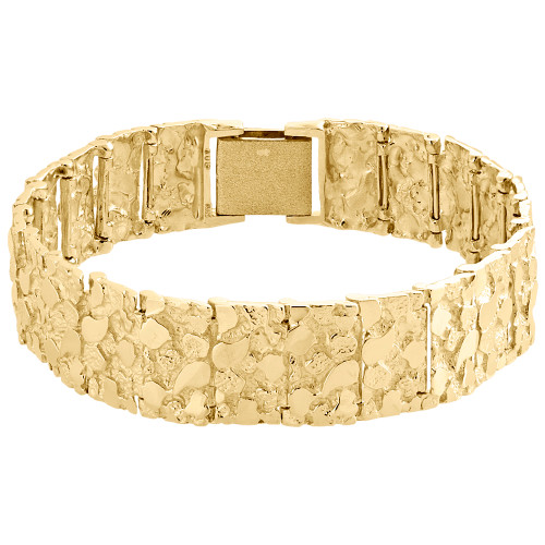 Mens Solid 10K Yellow Gold Nugget Bracelet in Yellow, White or