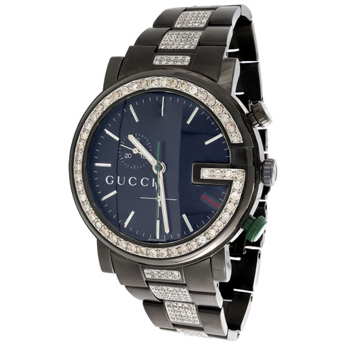 Diamond Gucci Watch Mens 101G Ya101331 Black PVD Chronograph Iced
