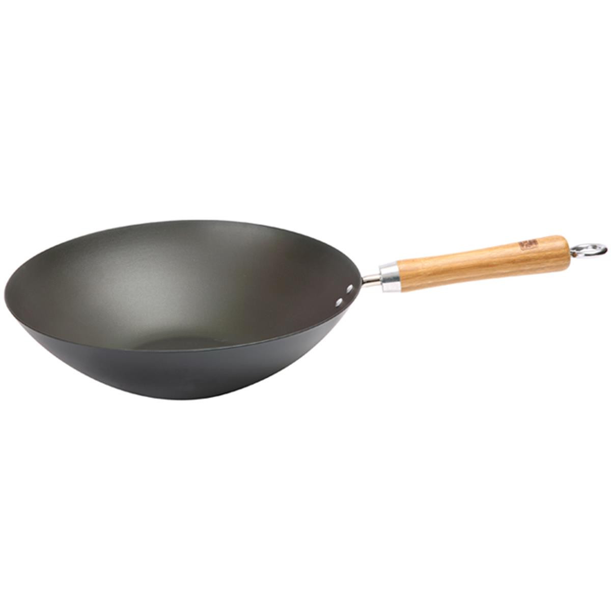School of Wok - Wok resistente in acciaio al carbonio da 36 cm, fondo piatto, manico in bambù