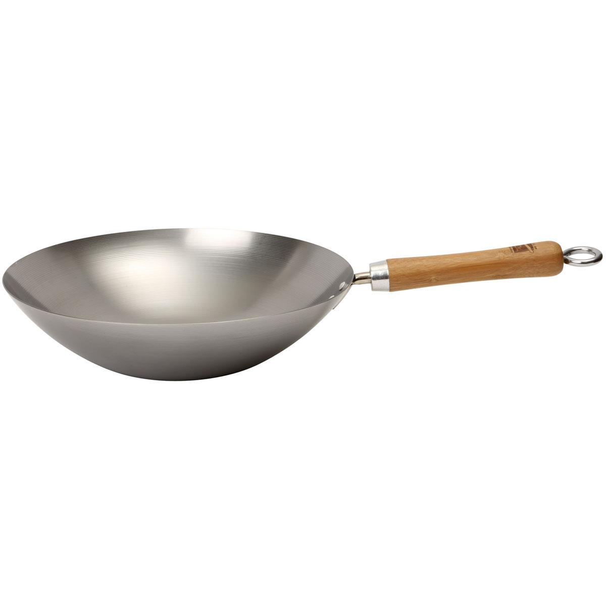 School Of Wok Wok In Acciaio Al Carbonio 36 Cm Con Manico In Bambù, Per Saltare, 4-6 Persone - 2