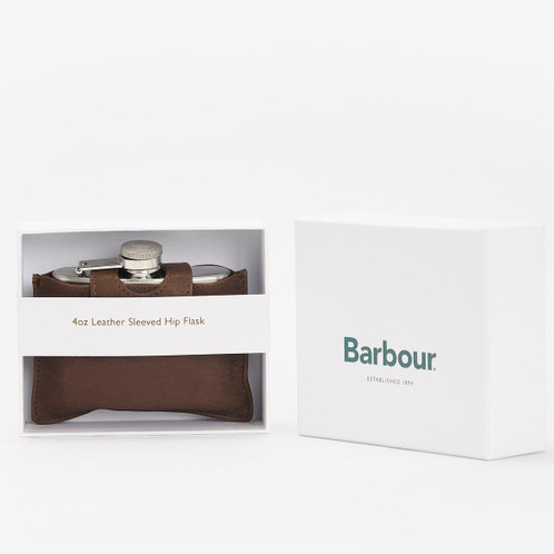 Brown Barbour 4oz Hinged Hip Flask Boxed