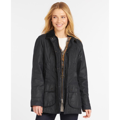 Navy Barbour Womens Beadnell Wax Jacket On Model