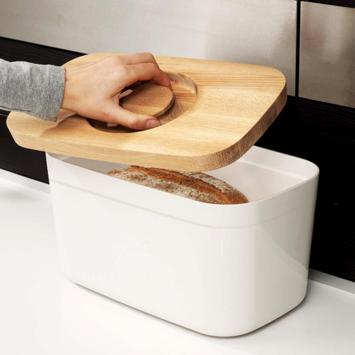 White Joseph Joseph Bread Bin with Cutting Board Lid lid