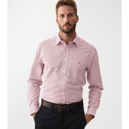 Burgundy/White R.M. Williams Mens Collins Shirt On Model