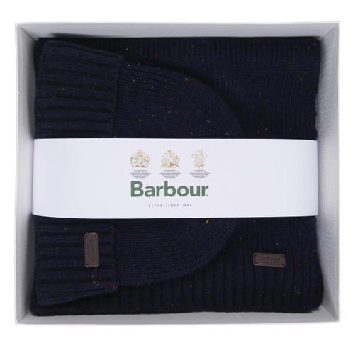 Navy Barbour Mens Carlton Fleck Beanie and Scarf Gift Set