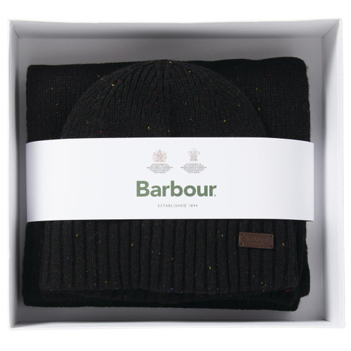 Black Barbour Mens Carlton Fleck Beanie and Scarf Gift Set