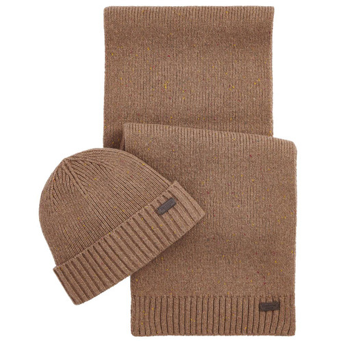 Sandstone Barbour Mens Carlton Fleck Beanie and Scarf Gift Set