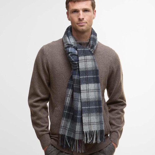 Grey Midnight Tartan Barbour Unisex Wool Cashmere Tartan Scarf On Model Grey Midnight Tartan Barbour Unisex Wool Cashmere Tartan Scarf On Model