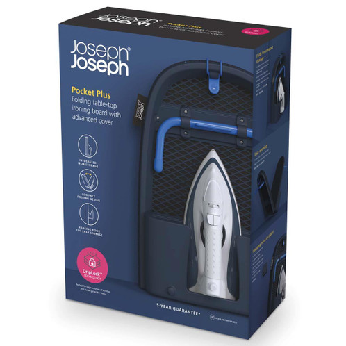 Black/Blue Joseph Joseph Pocket Plus Folding Table-Top Ironing Board packaging