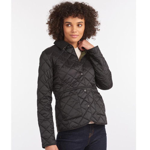 Black/Olive Barbour Womens Deveron Quilted Jacket On Model
