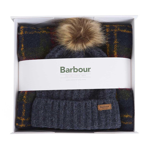 Classic Barbour Womens Saltburn Beanie & Tartan Scarf Set