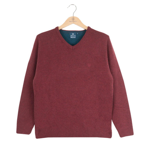 Albert and Maurice Eastnor Wine Lambswool V Neck Jumper hang
