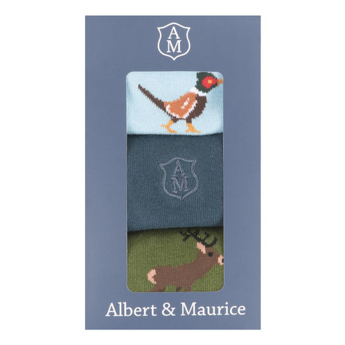 Blue Logo / Light Blue Pheasant / Green Stag Albert and Maurice Mens Socks Gift Set Pack Of 3