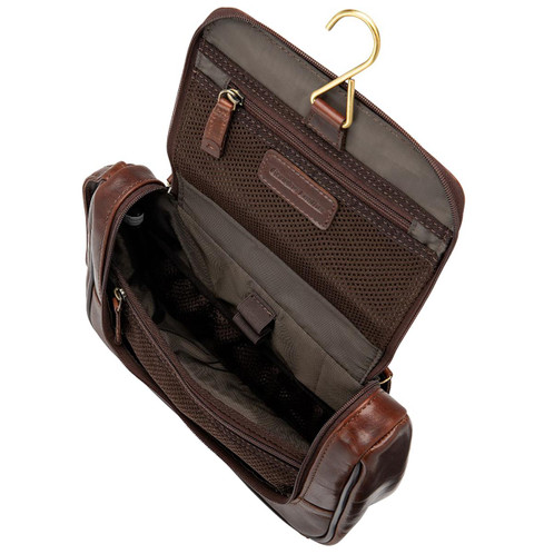 Brown Veg Tanned Calf Leather Loake Severn Hanging Wash Bag Open 