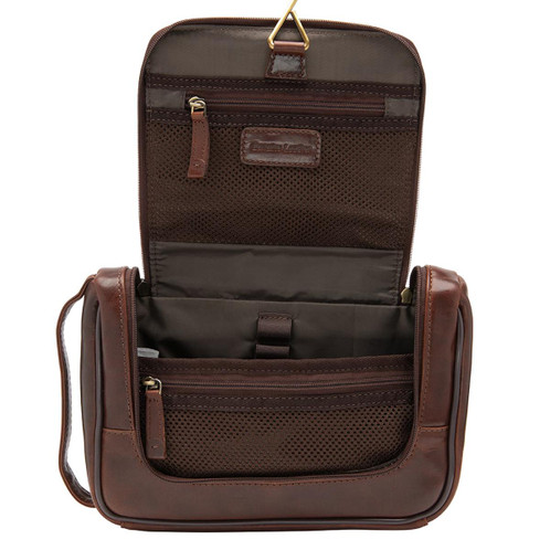 Brown Veg Tanned Calf Leather Loake Severn Hanging Wash Bag Open 