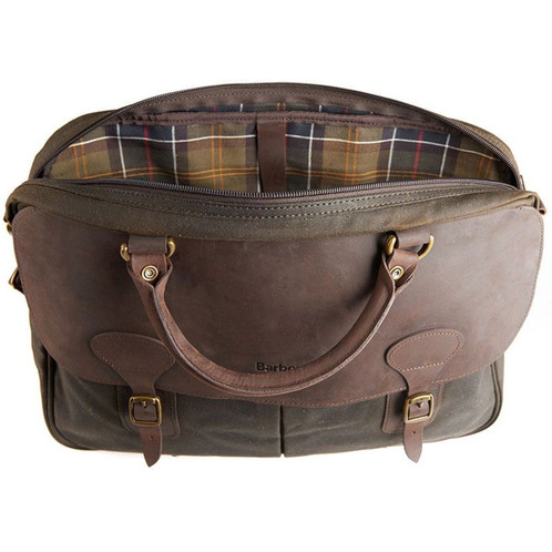 Olive Barbour Unisex Wax Leather Briefcase Open