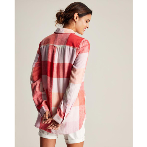 Pink Check Joules Lorena Longline Woven Shirt On Model Rear