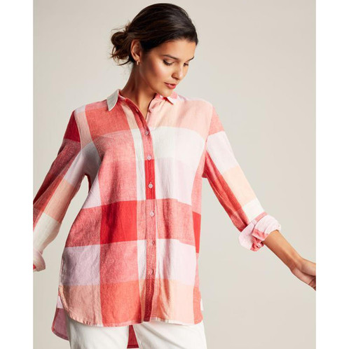 Pink Check Joules Lorena Longline Woven Shirt On Model