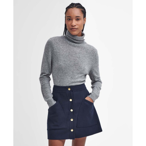 Grey Marl/Hessian Tartan Barbour Womens Pendle Roll Collar Jumper On Model