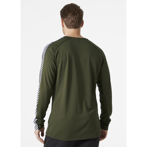 Utility Green Helly Hansen Mens Lifa Active Stripe Crew Base Layer On Model Rear