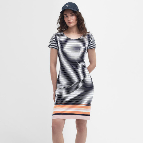 Navy Multistripe Barbour Womens Harewood Stripe Dress On Model
