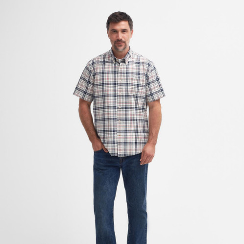 Navy Barbour Mens Drafthill Short Sleeve Regular Fit Shirt On Model Front