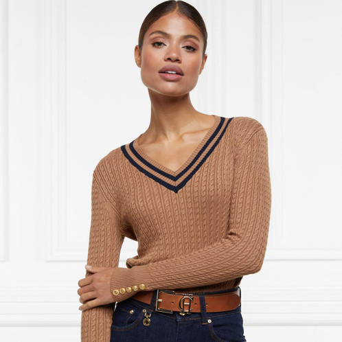 Dark Camel Marl Holland Cooper Womens Zoe V-Neck Knitted Jumper Model