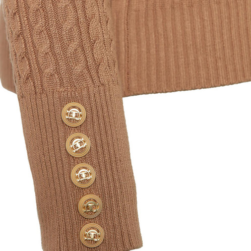 Dark Camel Marl Holland Cooper Womens Zoe V-Neck Knitted Jumper Model Sleeve