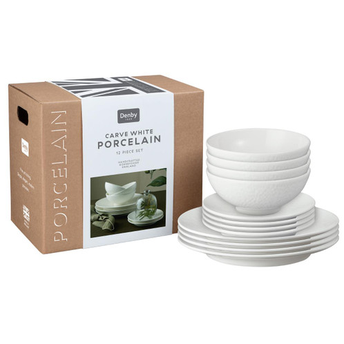 Denby Porcelain Carve White 12 Piece Tableware Set Boxed