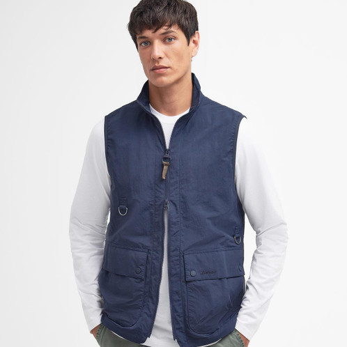 Navy Barbour Mens Utility Spey Gilet On Model Front