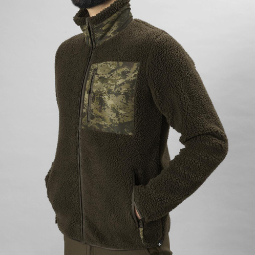 Grizzly Brown Seeland Mens Zephyr Camo Fleece Jacket On Model