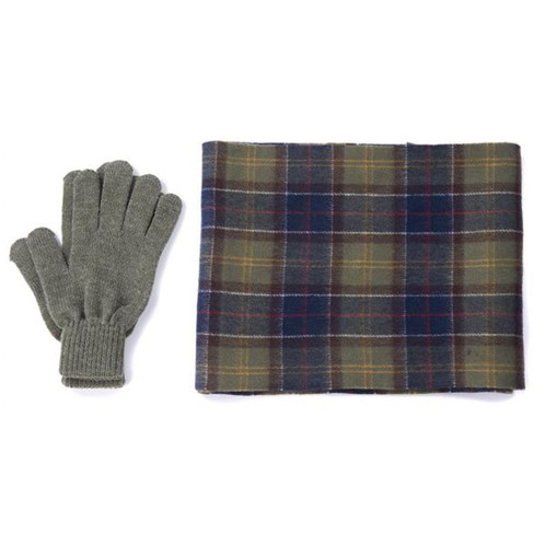 Classic Tartan/Olive Barbour Mens Tartan Scarf and Glove Gift Set