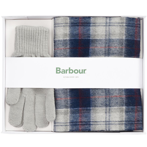 Blue Granite Barbour Mens Tartan Scarf and Glove Gift Set