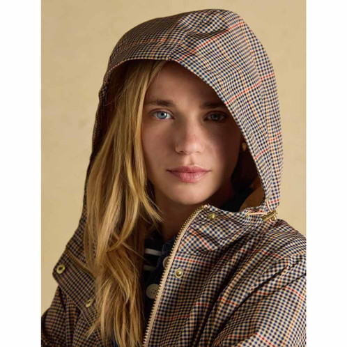 Henson Check Joules Womens Holkham Packable Raincoat On Model Hood Detail