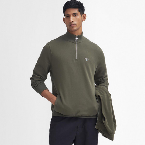 Mid Olive Barbour Mens Beckhill Half Zip Sweatshirt On Model