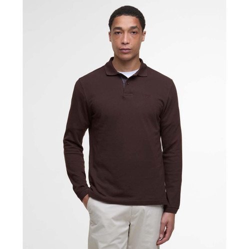 Dark Oak Barbour Mens Long Sleeve Sports Polo On Model