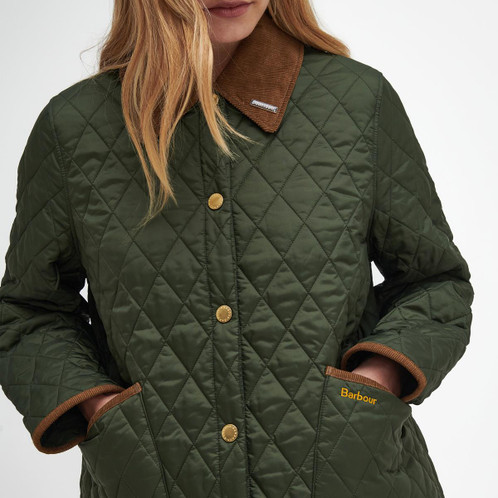 Olive/Classic Barbour Womens 30th Anniversary Cropped Liddesdale Jacket On Model