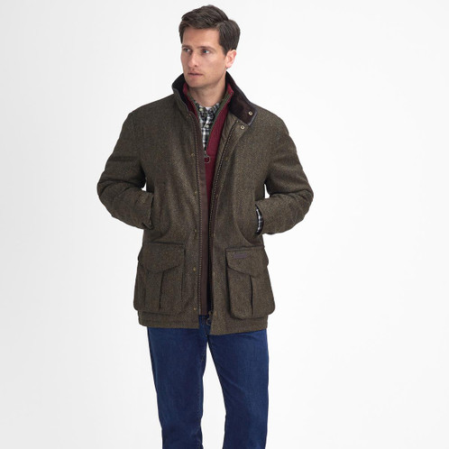 Olive Barbour Mens Hereford Tweed Wool Jacket On Model