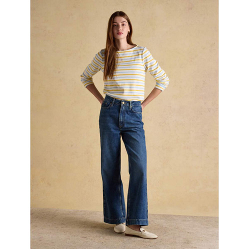 Blue/Yellow Stripe Joules Womens Harbour Striped Top On Model Full Length