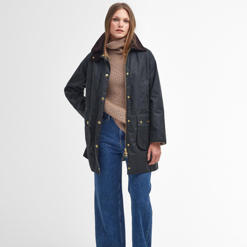 Sage/Ancient Barbour Womens Long Beadnell Wax Jacket On Model