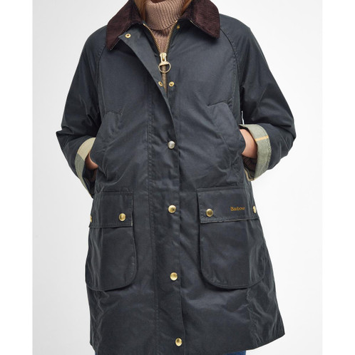 Sage/Ancient Barbour Womens Long Beadnell Wax Jacket Fastened