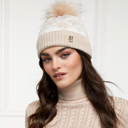 Camel Cream Holland Cooper Beatrice Bobble Hat On Model